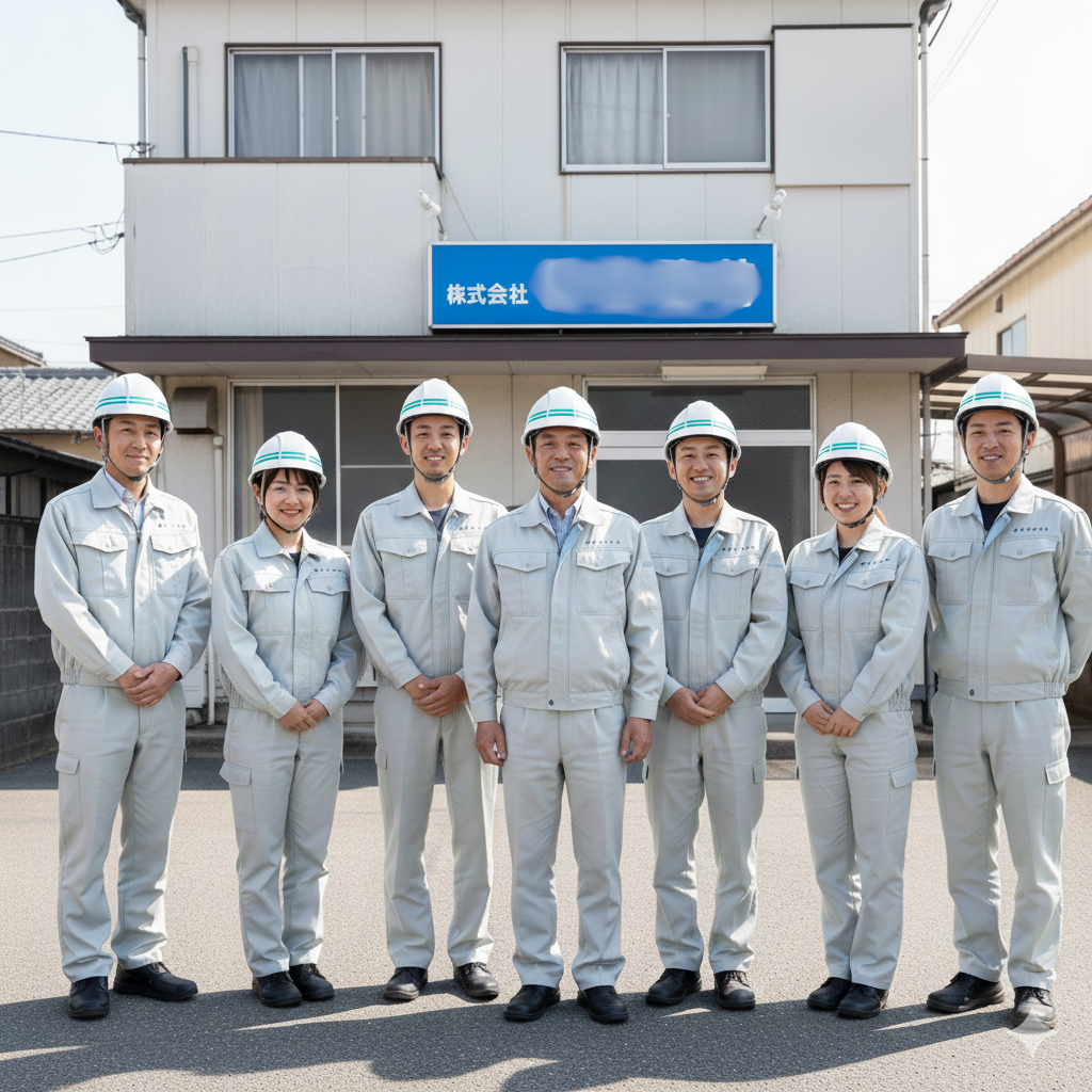 建設業のチームワークを示す集合写真。上下揃いの作業服を着た社長と6名の従業員が、自社の建物の前で明るい笑顔を見せている。