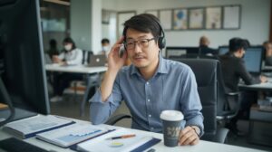 オフィスで、ヘッドフォンを装着し、PCに向かって真剣な表情でオンラインの特別教育を受講する男性社員。