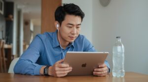 自宅のダイニングテーブルでタブレットでオンライン特別教育を受講している男性。