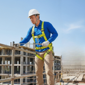 建設現場の高所で、安全帯のフルハーネスを正しく装着した作業員が、手すりにつかまりながら作業を行っている様子。背後には建設途中の建物が見える。