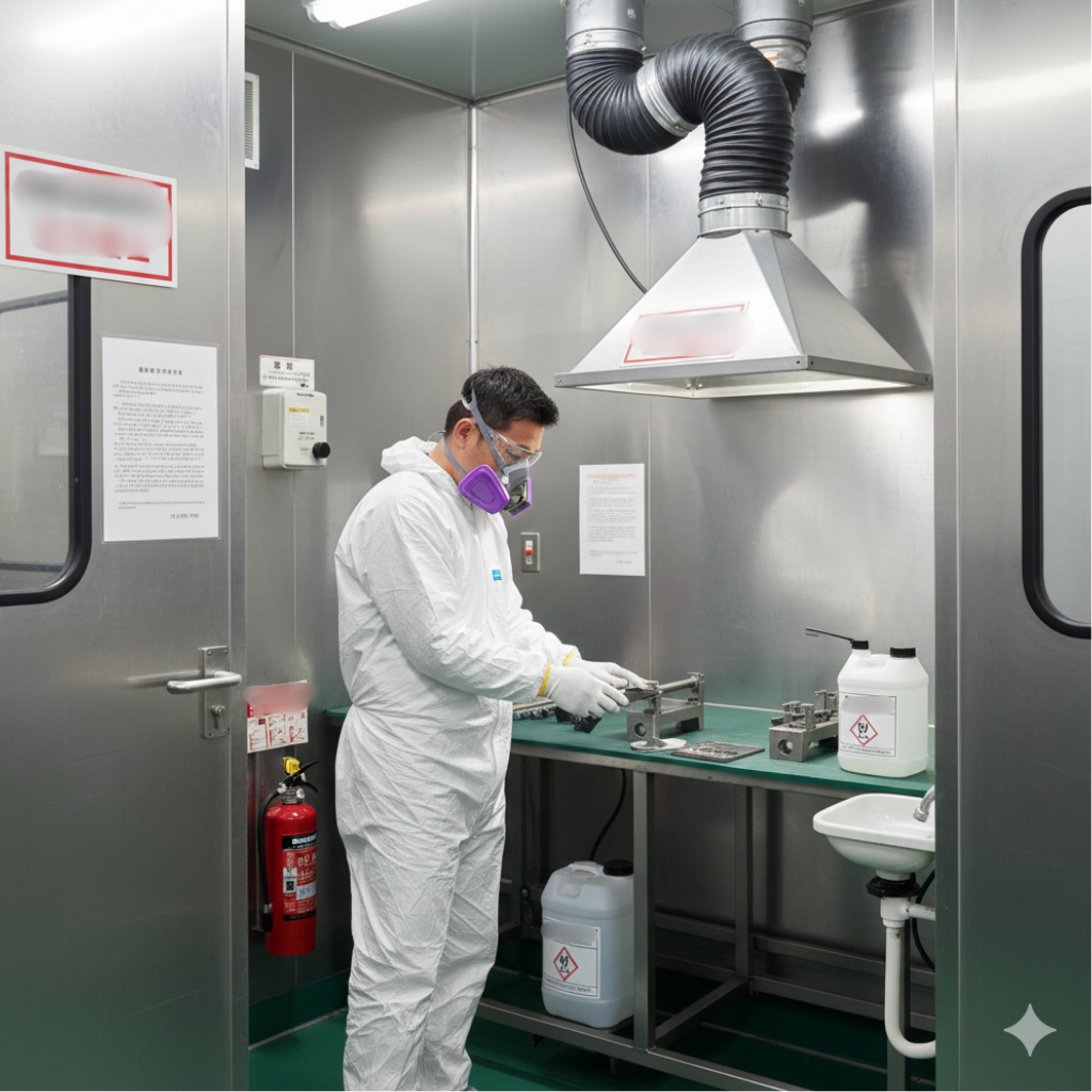 換気設備と厳重な個人防護具を着用した作業員が、有機溶剤が置かれた安全キャビネット内で作業中。危険物である有機溶剤の取り扱いにおける厳格な安全対策を示している。