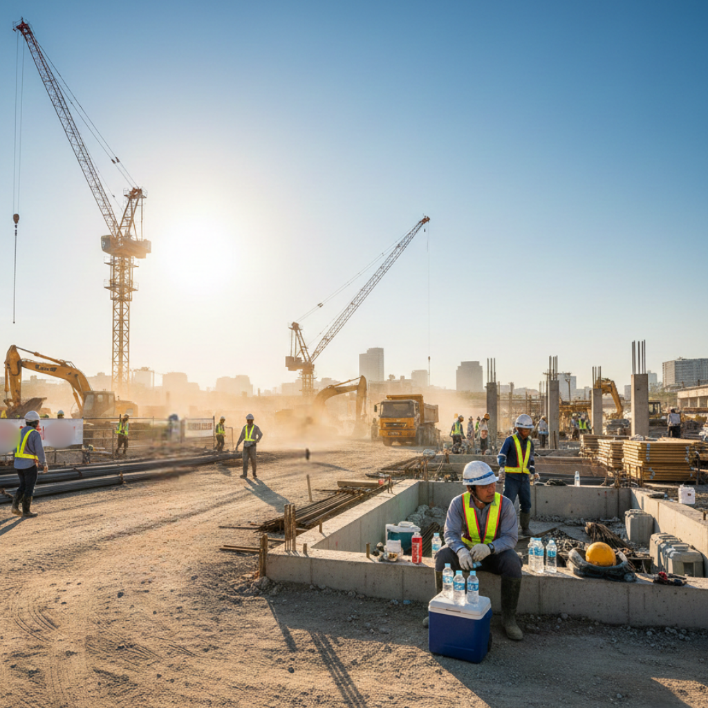 強い日差しが照りつける埃っぽい建設現場で、作業員がヘルメットと反射ベストを着用して作業している。手前の作業員はクーラーボックスの横で座り込み、休憩中に水分補給をしている様子。