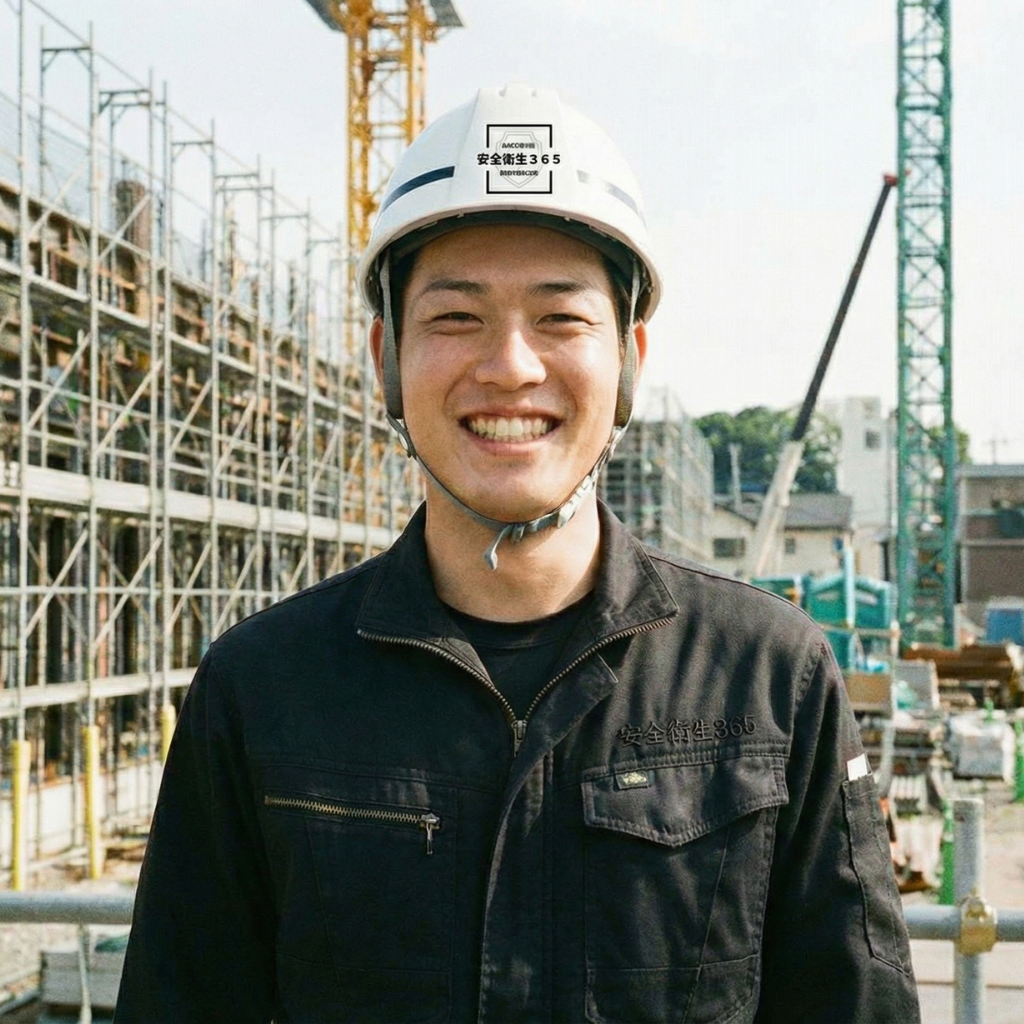 活気ある建設現場を背に、ヘルメットを着用して明るく笑顔を見せる若い作業員。