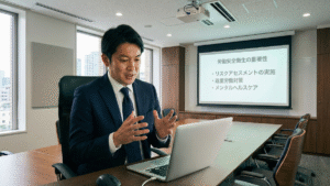 プロジェクターを使用した会議室でのオンライン配信の様子（労働安全衛生セミナー）。