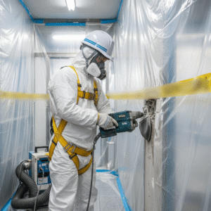 防護服とマスクを着用した作業員が、養生された空間で電動工具を使って石綿（アスベスト）除去作業を行っている。