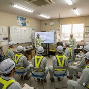 統括安全衛生責任者または現場責任者と思われる作業着姿の男性が、現場事務所で、ヘルメットと反射ベストを着用した多数の作業員に対し、モニターとホワイトボードを使って安全衛生に関する講習や打ち合わせを行っている。