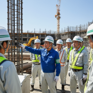 建設現場で、青い作業服を着た職長・安全衛生責任者と思われる男性が、ヘルメットと反射ベストを着用した作業員たちに対し、作業内容や危険箇所を指差しながら熱心に指示・指導を行っている様子。